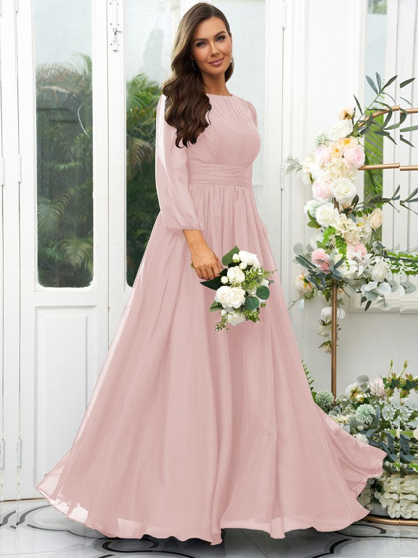 A-Line/Princess 30D Chiffon Ruffles Scoop Long Sleeves Floor-Length Bridesmaid Dresses Mother of the Bride Dress