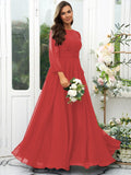 A-Line/Princess 30D Chiffon Ruffles Scoop Long Sleeves Floor-Length Bridesmaid Dresses Mother of the Bride Dress