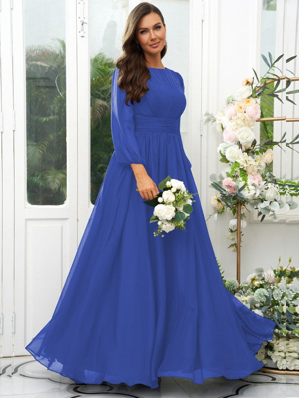 A-Line/Princess 30D Chiffon Ruffles Scoop Long Sleeves Floor-Length Bridesmaid Dresses Mother of the Bride Dress