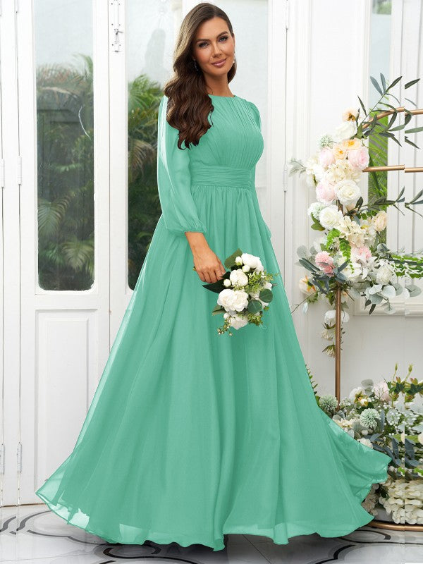 A-Line/Princess 30D Chiffon Ruffles Scoop Long Sleeves Floor-Length Bridesmaid Dresses Mother of the Bride Dress