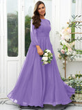 A-Line/Princess 30D Chiffon Ruffles Scoop Long Sleeves Floor-Length Bridesmaid Dresses Mother of the Bride Dress