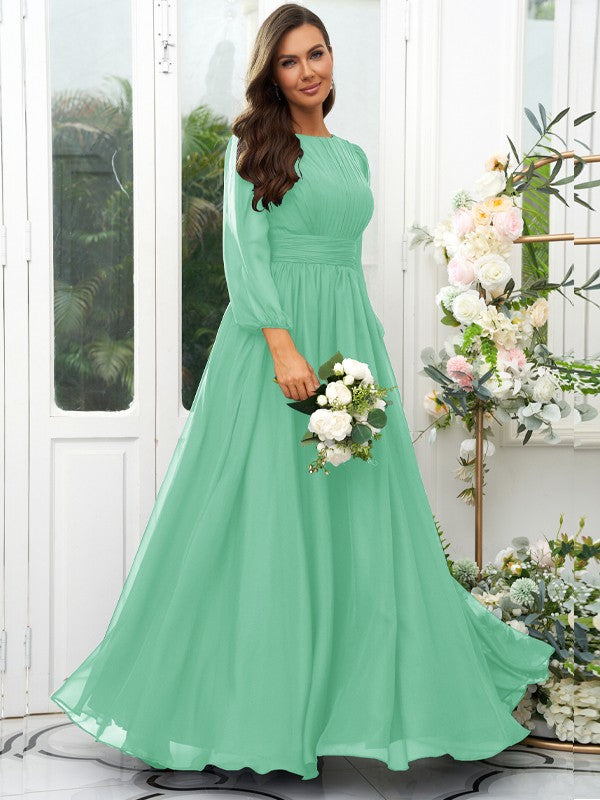 A-Line/Princess 30D Chiffon Ruffles Scoop Long Sleeves Floor-Length Bridesmaid Dresses Mother of the Bride Dress