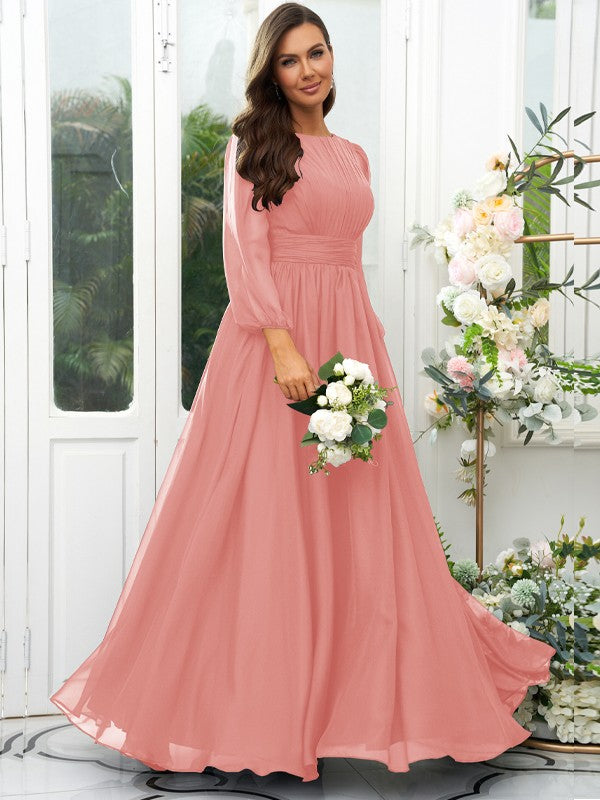A-Line/Princess 30D Chiffon Ruffles Scoop Long Sleeves Floor-Length Bridesmaid Dresses Mother of the Bride Dress