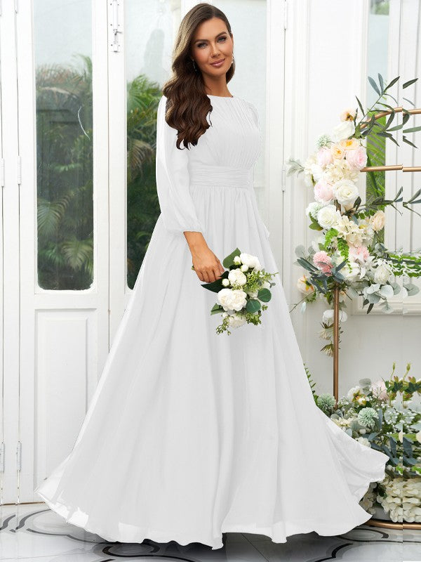 A-Line/Princess 30D Chiffon Ruffles Scoop Long Sleeves Floor-Length Bridesmaid Dresses Mother of the Bride Dress