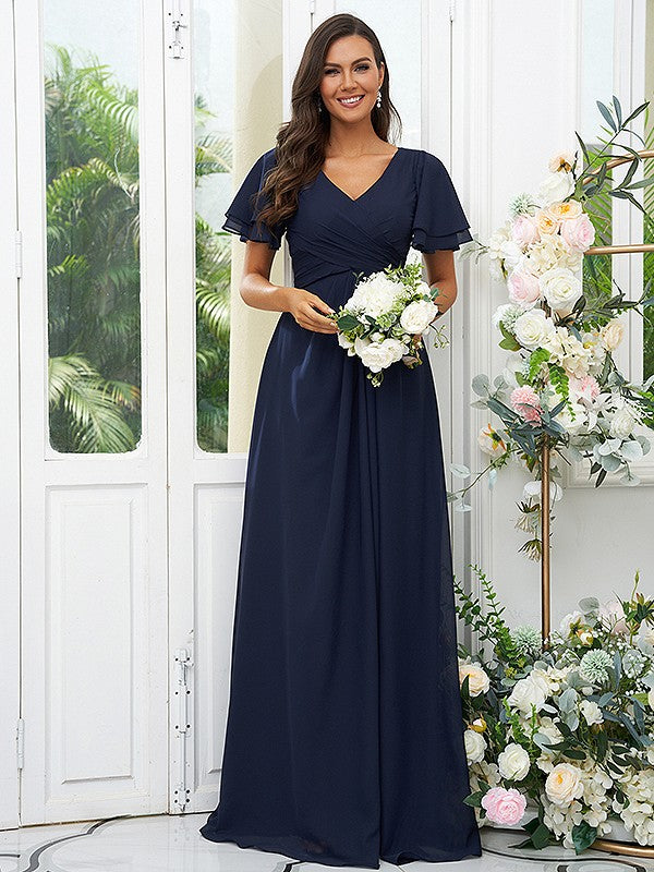 A-Line/Princess Chiffon Ruffles V-neck Short Sleeves Floor-Length Bridesmaid Dresses Evening Dress