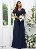 A-Line/Princess Chiffon Ruffles V-neck Short Sleeves Floor-Length Bridesmaid Dresses Evening Dress