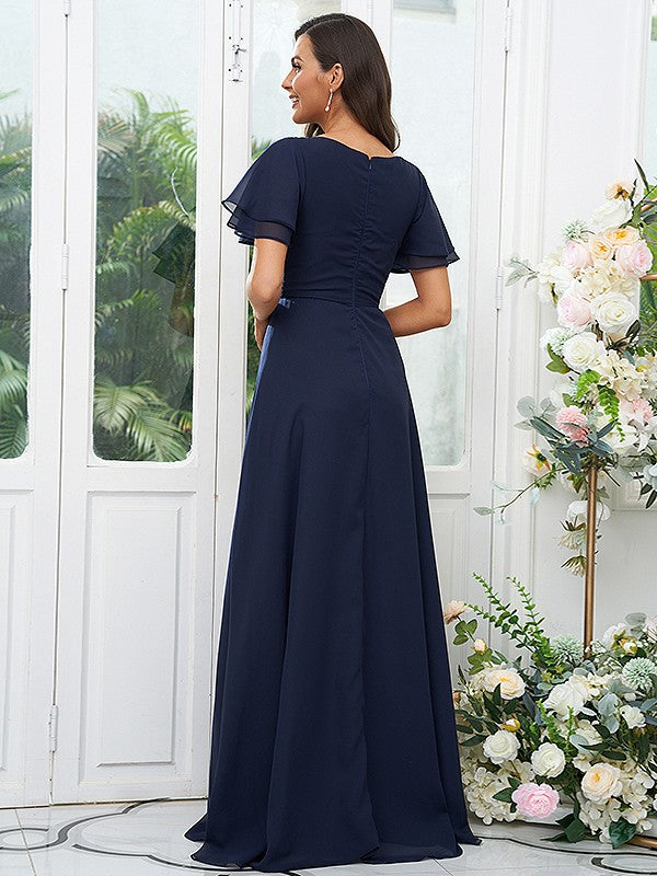 A-Line/Princess Chiffon Ruffles V-neck Short Sleeves Floor-Length Bridesmaid Dresses Evening Dress
