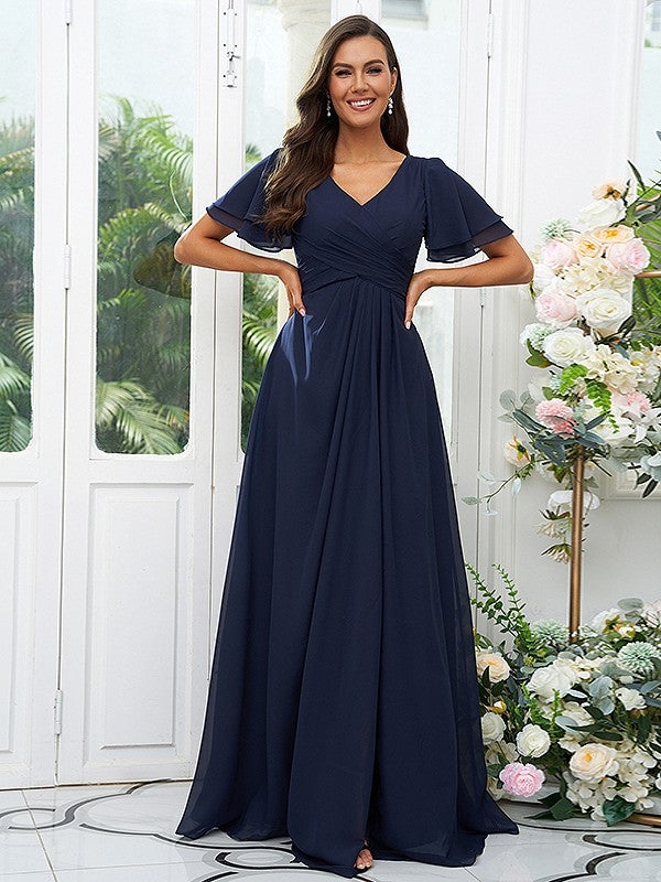 A-Line/Princess Chiffon Ruffles V-neck Short Sleeves Floor-Length Bridesmaid Dresses Evening Dress