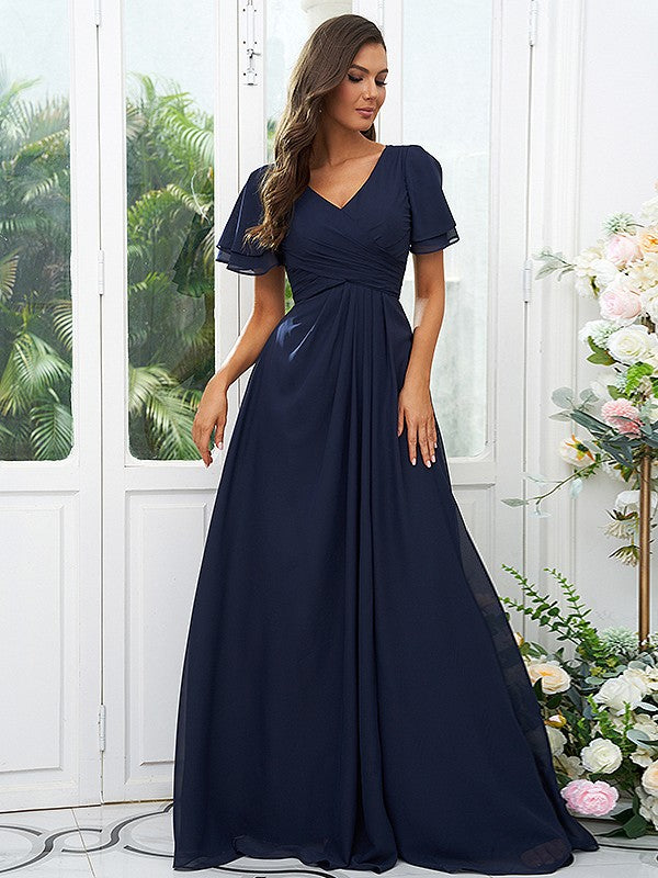 A-Line/Princess Chiffon Ruffles V-neck Short Sleeves Floor-Length Bridesmaid Dresses Evening Dress
