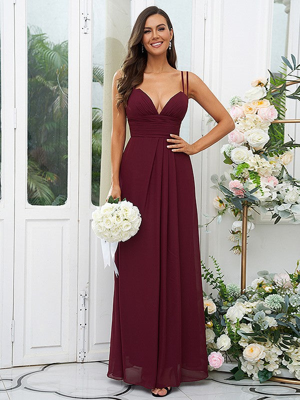 A-Line/Princess Chiffon Ruched V-neck Sleeveless Floor-Length Bridesmaid Dresses Evening Prom Dress