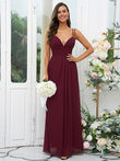 A-Line/Princess Chiffon Ruched V-neck Sleeveless Floor-Length Bridesmaid Dresses Evening Prom Dress