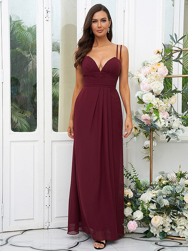 A-Line/Princess Chiffon Ruched V-neck Sleeveless Floor-Length Bridesmaid Dresses Evening Prom Dress