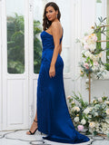 Sheath/Column Silk like Satin Sequin One-Shoulder Sleeveless Sweep/Brush Train Bridesmaid Dresses Evening Dress