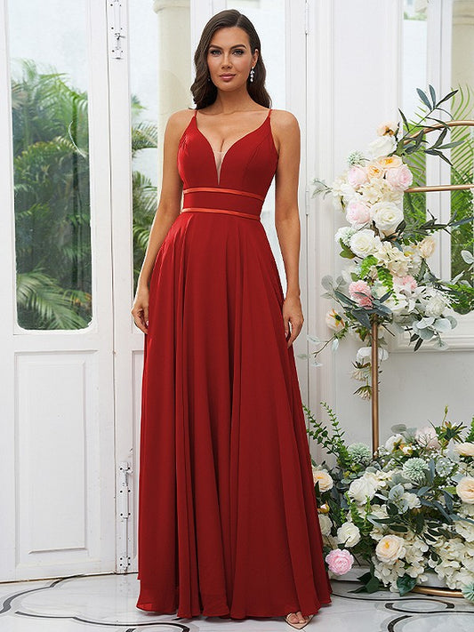 A-Line/Princess Chiffon Ruffles V-neck Sleeveless Floor-Length Bridesmaid Dresses Evening Prom Dress