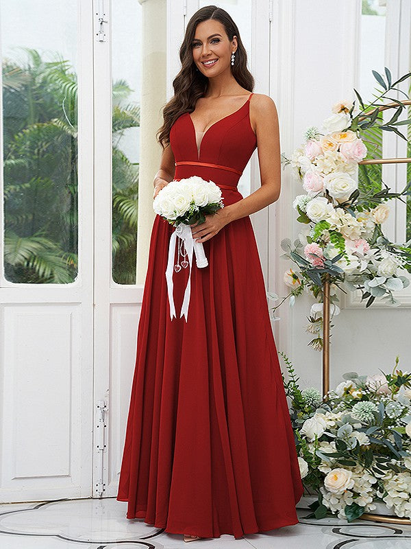 A-Line/Princess Chiffon Ruffles V-neck Sleeveless Floor-Length Bridesmaid Dresses Evening Prom Dress