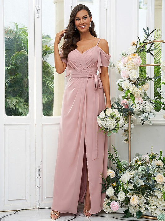 A-Line/Princess Chiffon Ruched V-neck Short Sleeves Floor-Length Bridesmaid Dresses Evening Dress