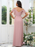 A-Line/Princess Chiffon Ruched V-neck Short Sleeves Floor-Length Bridesmaid Dresses Evening Dress