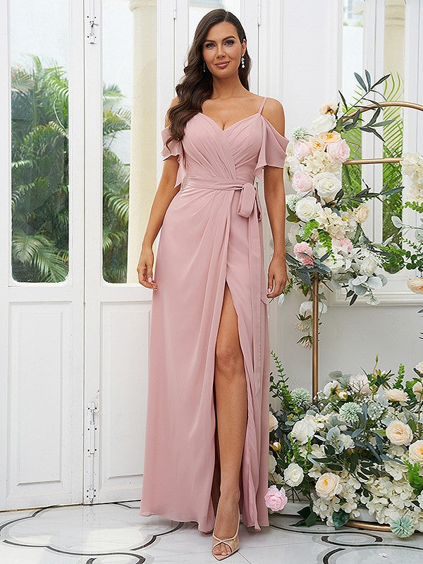 A-Line/Princess Chiffon Ruched V-neck Short Sleeves Floor-Length Bridesmaid Dresses Evening Dress