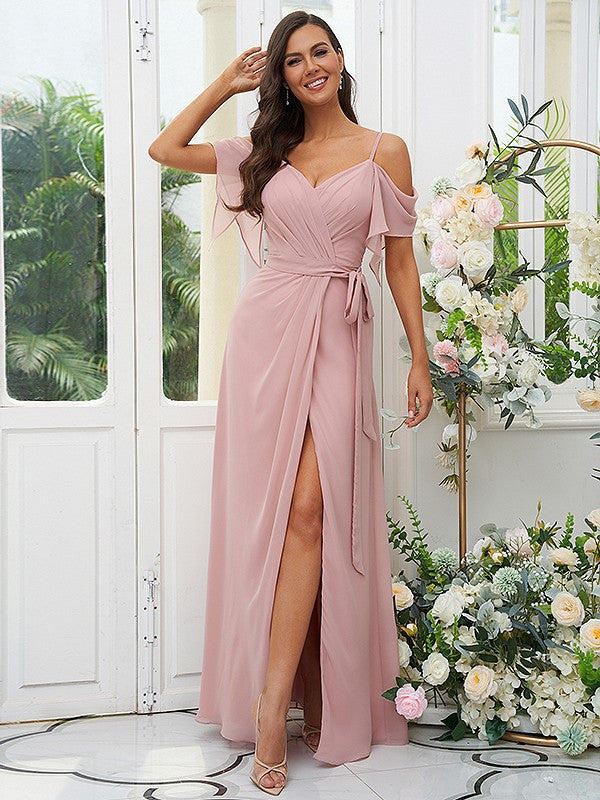 A-Line/Princess Chiffon Ruched V-neck Short Sleeves Floor-Length Bridesmaid Dresses Evening Dress