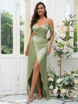A-Line/Princess Silk like Satin Ruched V-neck Sleeveless Floor-Length Bridesmaid Dresses Evening Dress