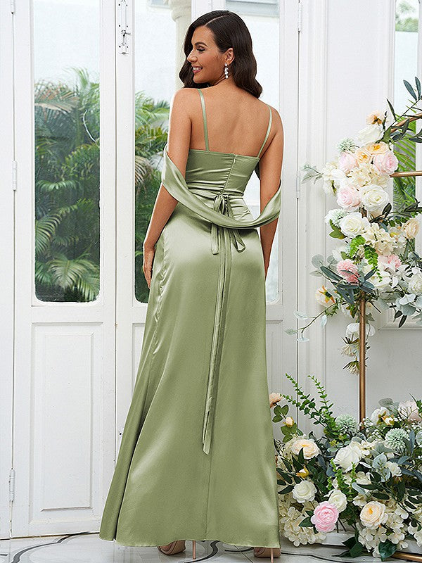 A-Line/Princess Silk like Satin Ruched V-neck Sleeveless Floor-Length Bridesmaid Dresses Evening Dress