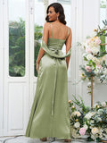 A-Line/Princess Silk like Satin Ruched V-neck Sleeveless Floor-Length Bridesmaid Dresses Evening Dress