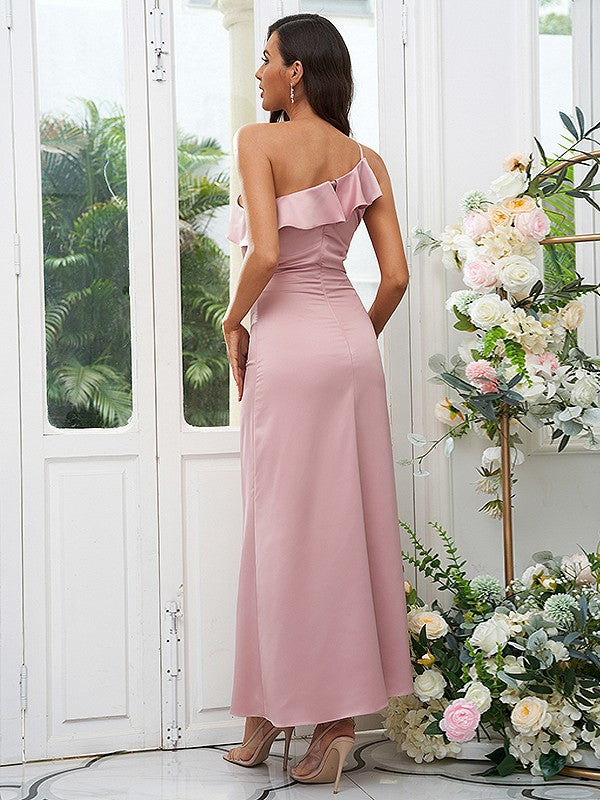 Sheath/Column Charmeuse Ruffles One-Shoulder Sleeveless Ankle-Length Bridesmaid Dresses Evening Dress