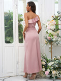 Sheath/Column Charmeuse Ruffles One-Shoulder Sleeveless Ankle-Length Bridesmaid Dresses Evening Dress