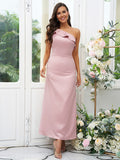 Sheath/Column Charmeuse Ruffles One-Shoulder Sleeveless Ankle-Length Bridesmaid Dresses Evening Dress