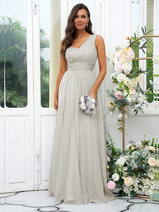 A-Linie/Princess-Linie 30D Chiffon Pailletten One-Shoulder Ärmellos Bodenlang Brautjungfernkleider Abendkleid