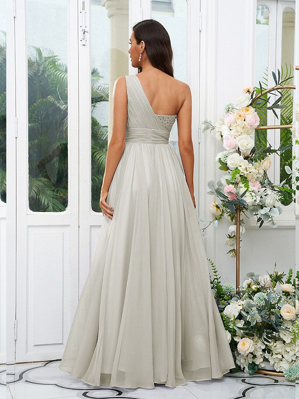 A-Line/Princess 30D Chiffon Sequin One-Shoulder Sleeveless Floor-Length Bridesmaid Dresses Evening Dress