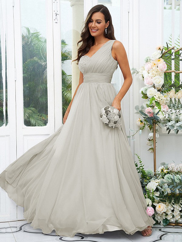 A-Line/Princess 30D Chiffon Sequin One-Shoulder Sleeveless Floor-Length Bridesmaid Dresses Evening Dress