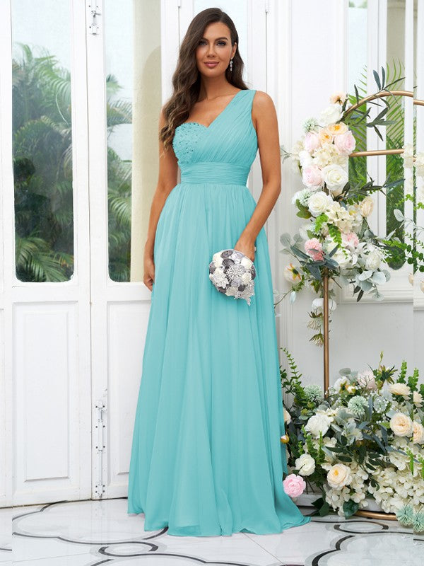 A-Line/Princess 30D Chiffon Sequin One-Shoulder Sleeveless Floor-Length Bridesmaid Dresses Evening Dress