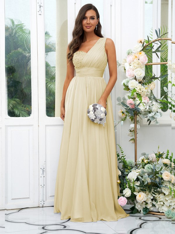 A-Line/Princess 30D Chiffon Sequin One-Shoulder Sleeveless Floor-Length Bridesmaid Dresses Evening Dress