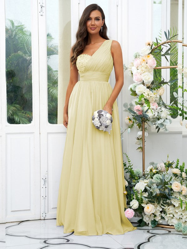 A-Line/Princess 30D Chiffon Sequin One-Shoulder Sleeveless Floor-Length Bridesmaid Dresses Evening Dress