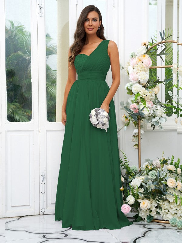 A-Line/Princess 30D Chiffon Sequin One-Shoulder Sleeveless Floor-Length Bridesmaid Dresses Evening Dress