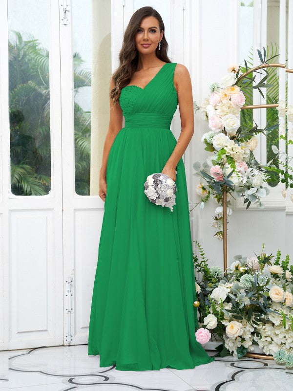 A-Line/Princess 30D Chiffon Sequin One-Shoulder Sleeveless Floor-Length Bridesmaid Dresses Evening Dress