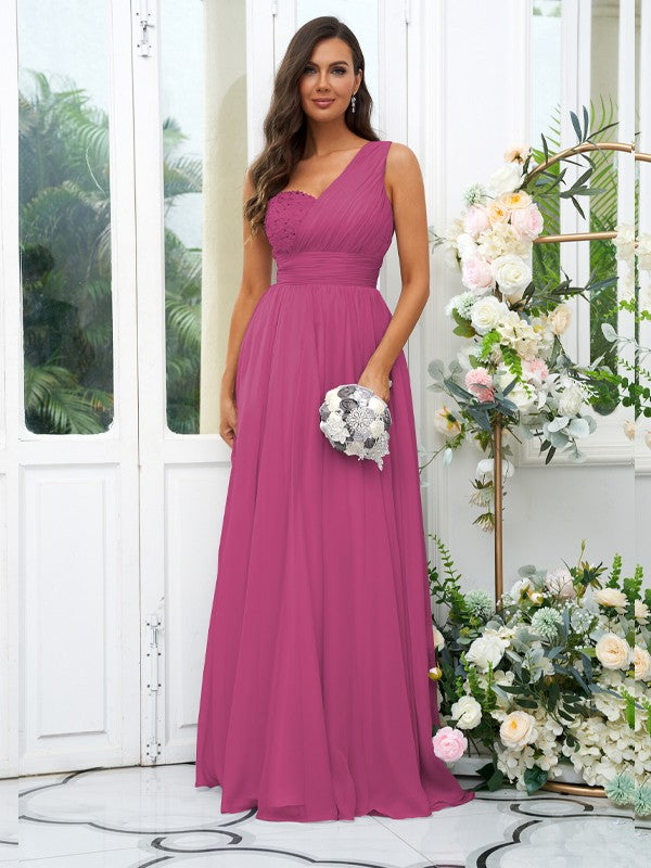 A-Line/Princess 30D Chiffon Sequin One-Shoulder Sleeveless Floor-Length Bridesmaid Dresses Evening Dress