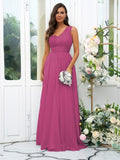 A-Line/Princess 30D Chiffon Sequin One-Shoulder Sleeveless Floor-Length Bridesmaid Dresses Evening Dress