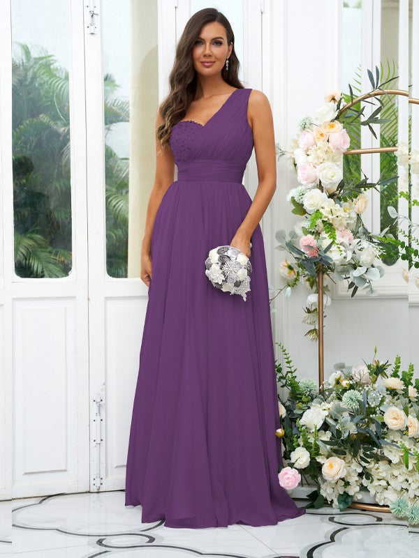 A-Line/Princess 30D Chiffon Sequin One-Shoulder Sleeveless Floor-Length Bridesmaid Dresses Evening Dress