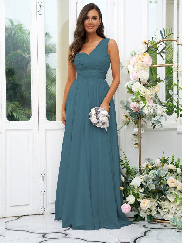 A-Line/Princess 30D Chiffon Sequin One-Shoulder Sleeveless Floor-Length Bridesmaid Dresses Evening Dress