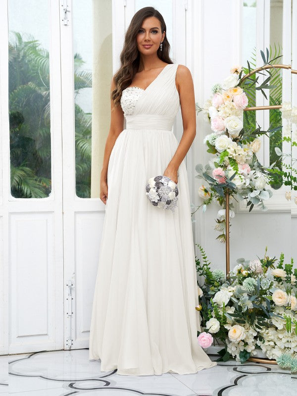 A-Line/Princess 30D Chiffon Sequin One-Shoulder Sleeveless Floor-Length Bridesmaid Dresses Evening Dress