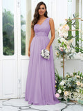 A-Line/Princess 30D Chiffon Sequin One-Shoulder Sleeveless Floor-Length Bridesmaid Dresses Evening Dress