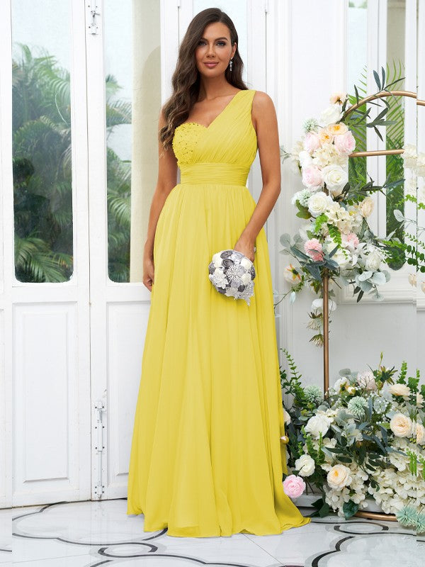 A-Line/Princess 30D Chiffon Sequin One-Shoulder Sleeveless Floor-Length Bridesmaid Dresses Evening Dress