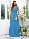A-Line/Princess 30D Chiffon Sequin One-Shoulder Sleeveless Floor-Length Bridesmaid Dresses Evening Dress