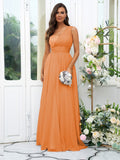 A-Line/Princess 30D Chiffon Sequin One-Shoulder Sleeveless Floor-Length Bridesmaid Dresses Evening Dress