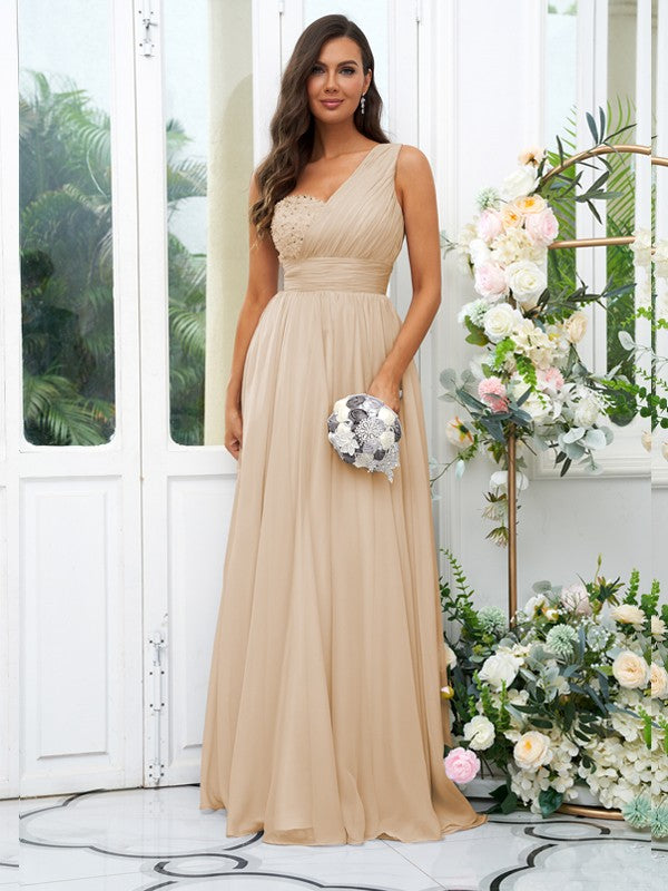 A-Line/Princess 30D Chiffon Sequin One-Shoulder Sleeveless Floor-Length Bridesmaid Dresses Evening Dress