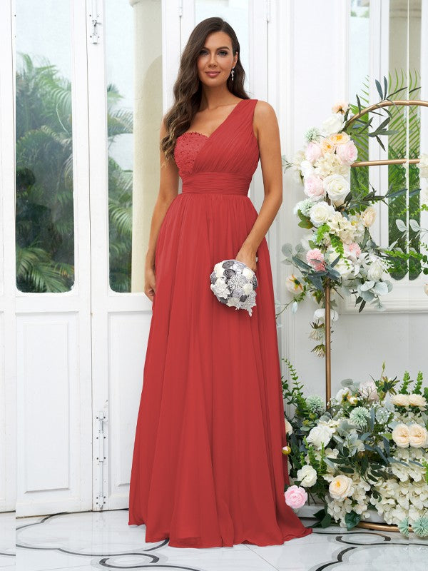 A-Line/Princess 30D Chiffon Sequin One-Shoulder Sleeveless Floor-Length Bridesmaid Dresses Evening Dress
