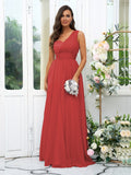 A-Line/Princess 30D Chiffon Sequin One-Shoulder Sleeveless Floor-Length Bridesmaid Dresses Evening Dress
