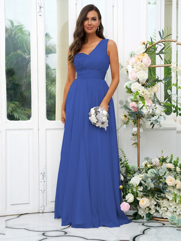 A-Line/Princess 30D Chiffon Sequin One-Shoulder Sleeveless Floor-Length Bridesmaid Dresses Evening Dress